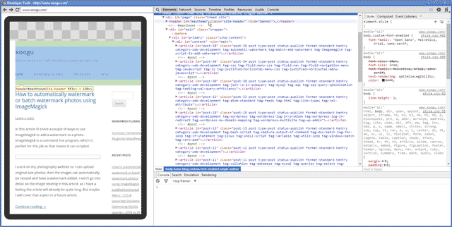 Inspecting the local development copy of this website on a Nexus 7 android tablet using Chrome developer tools on Windows