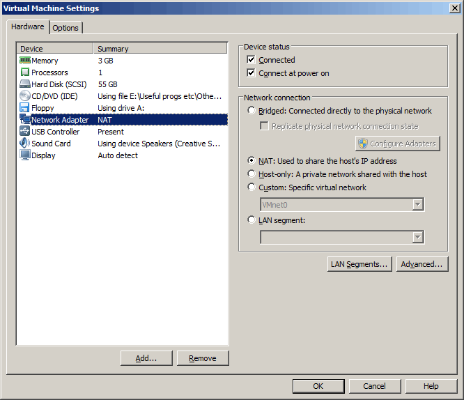 VMWare Virtual Machine Network adapter settings set to NAT